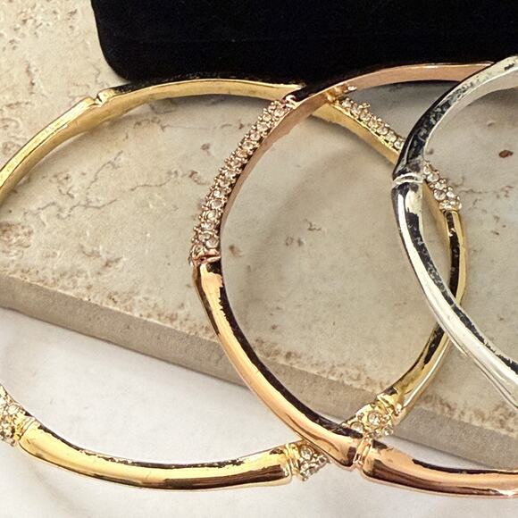 Napier Set of 3 Bangle Bracelet Set (Tri Tone- Rose, Gold, Silver) Slip on 3" - Picture 5 of 6